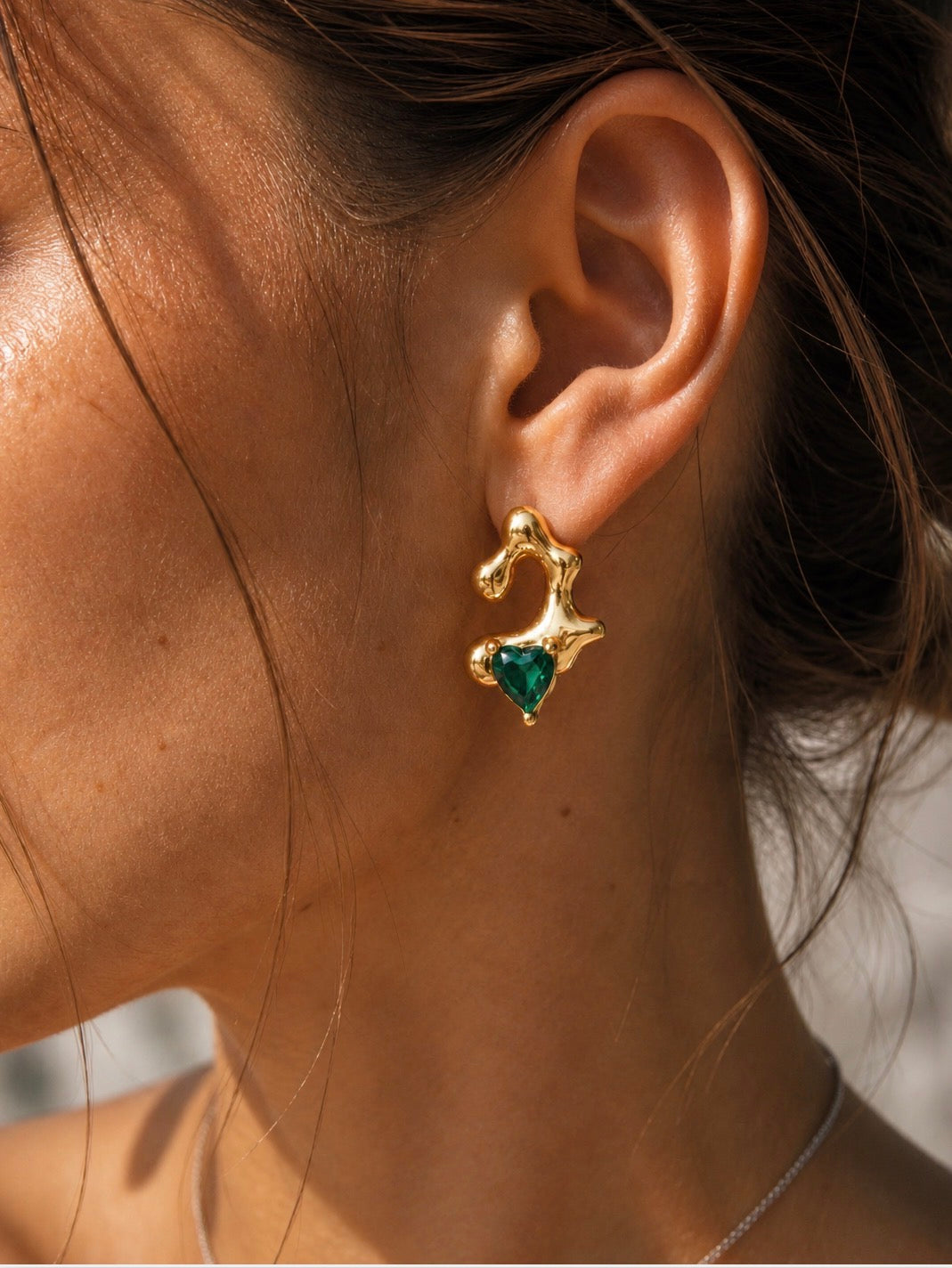 Emerald Heart Gold Earrings