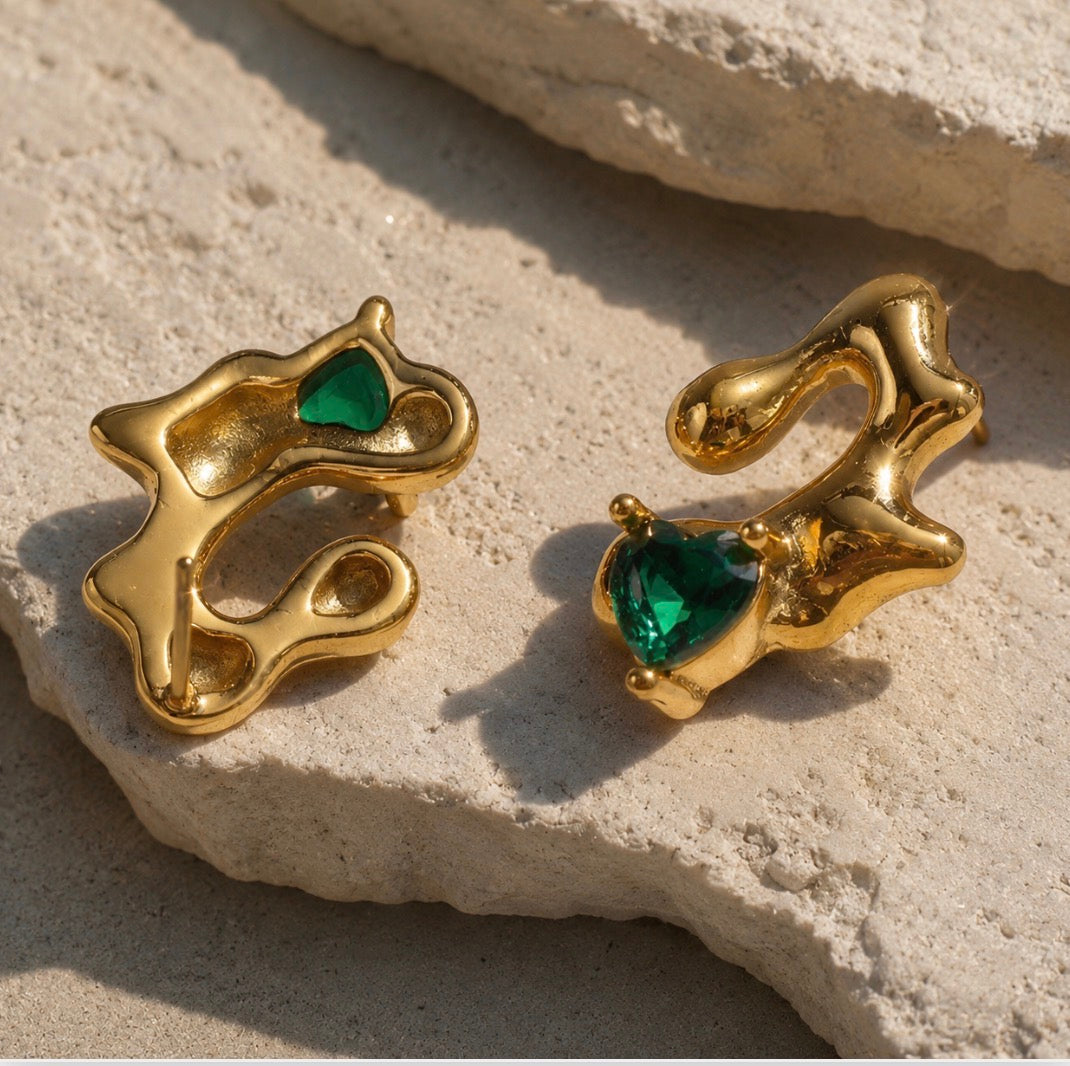 Emerald Heart Gold Earrings