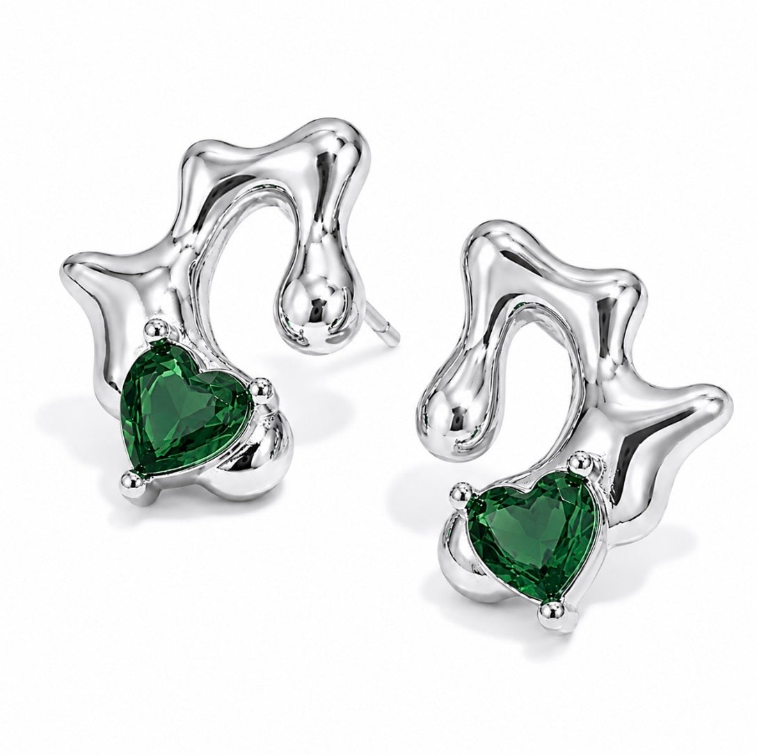 Emerald Heart Silver Earrings