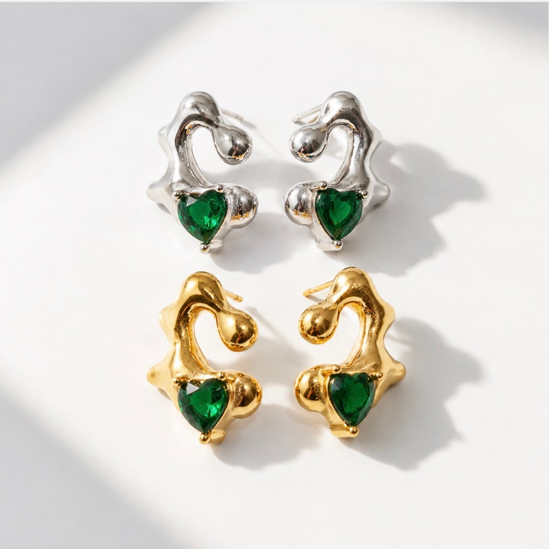 Emerald Heart Silver Earrings