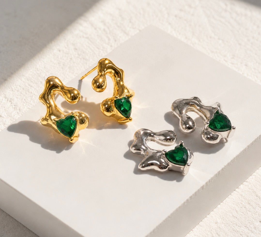Emerald Heart Silver Earrings