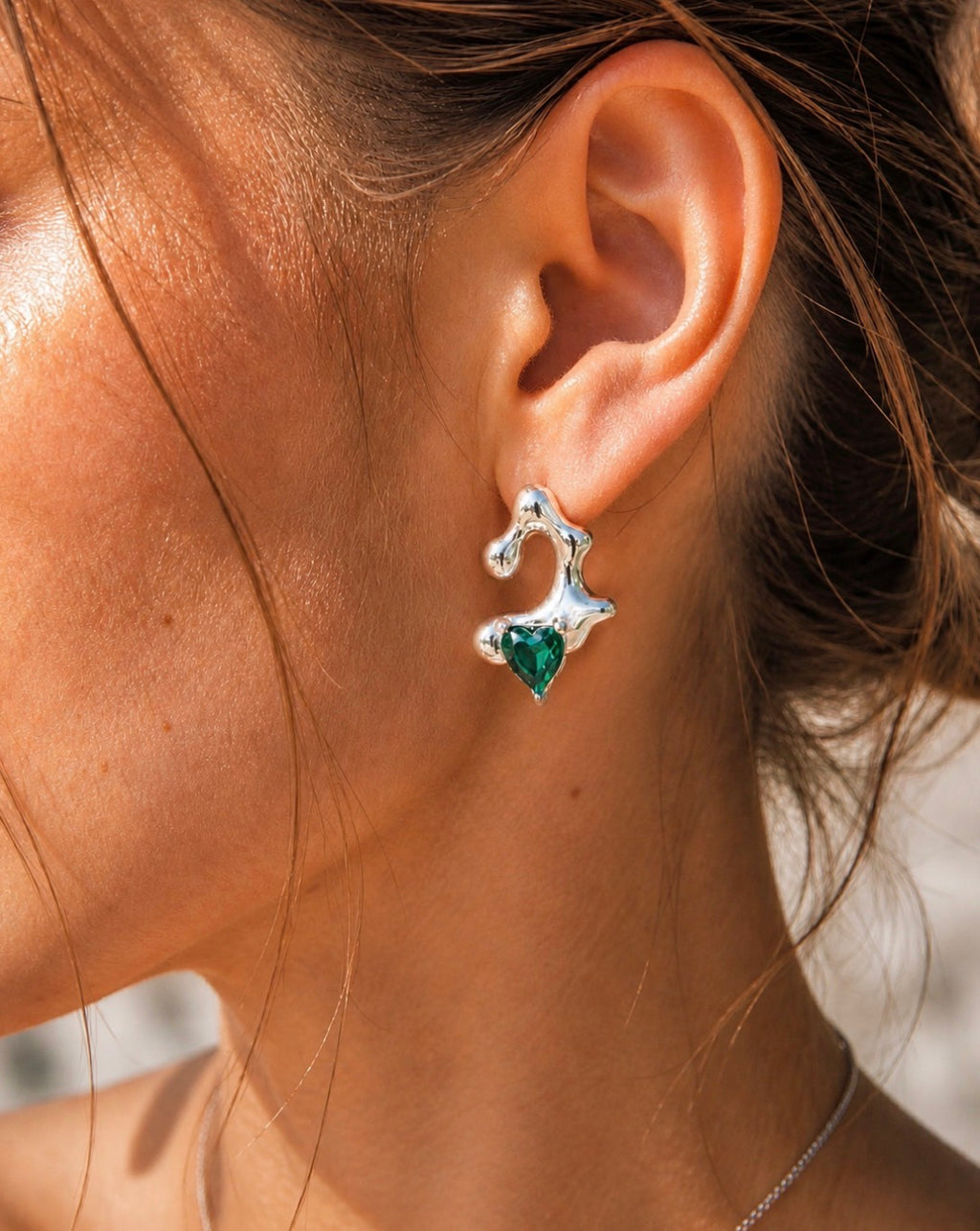 Emerald Heart Silver Earrings