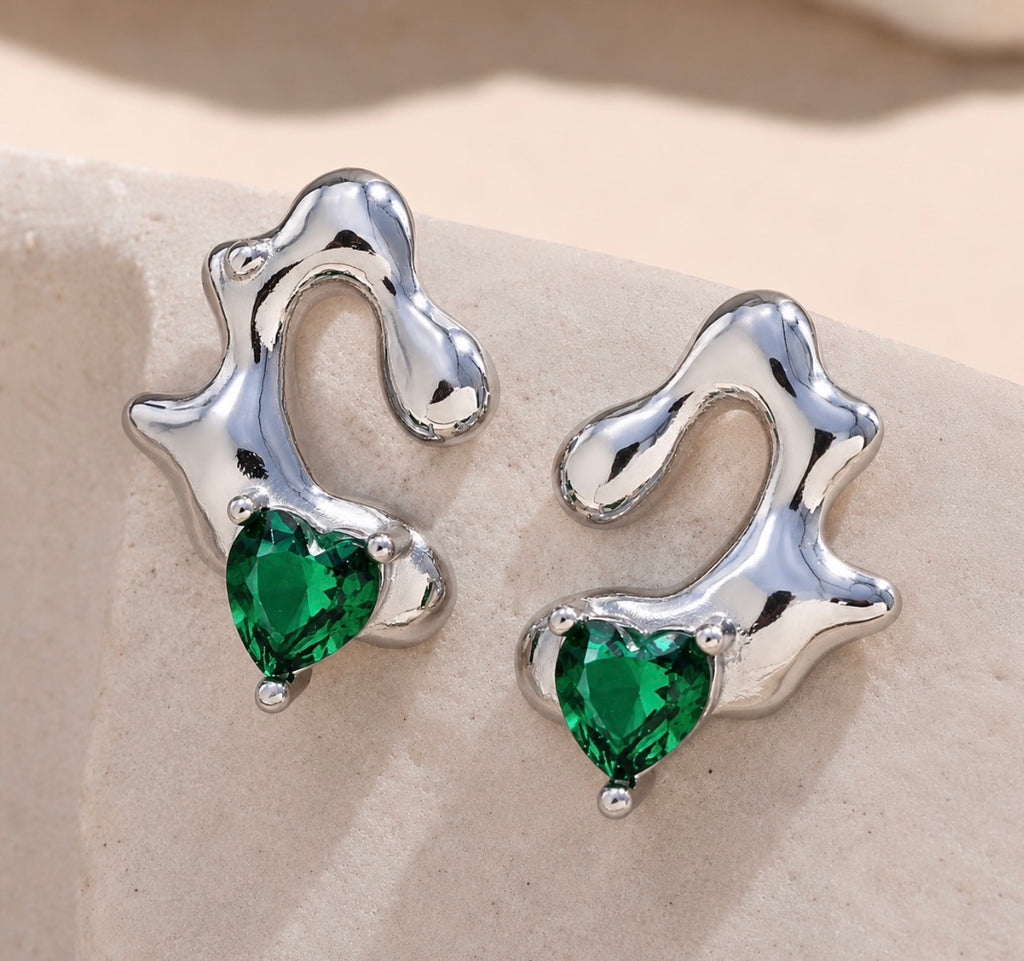 Emerald Heart Silver Earrings